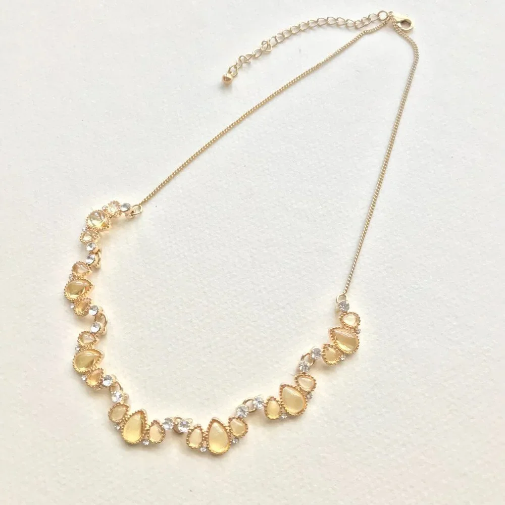 Vintage Vine Chain Necklace | Gold Tone | Teardrop & Clear Rhinestones - Picture 2 of 5